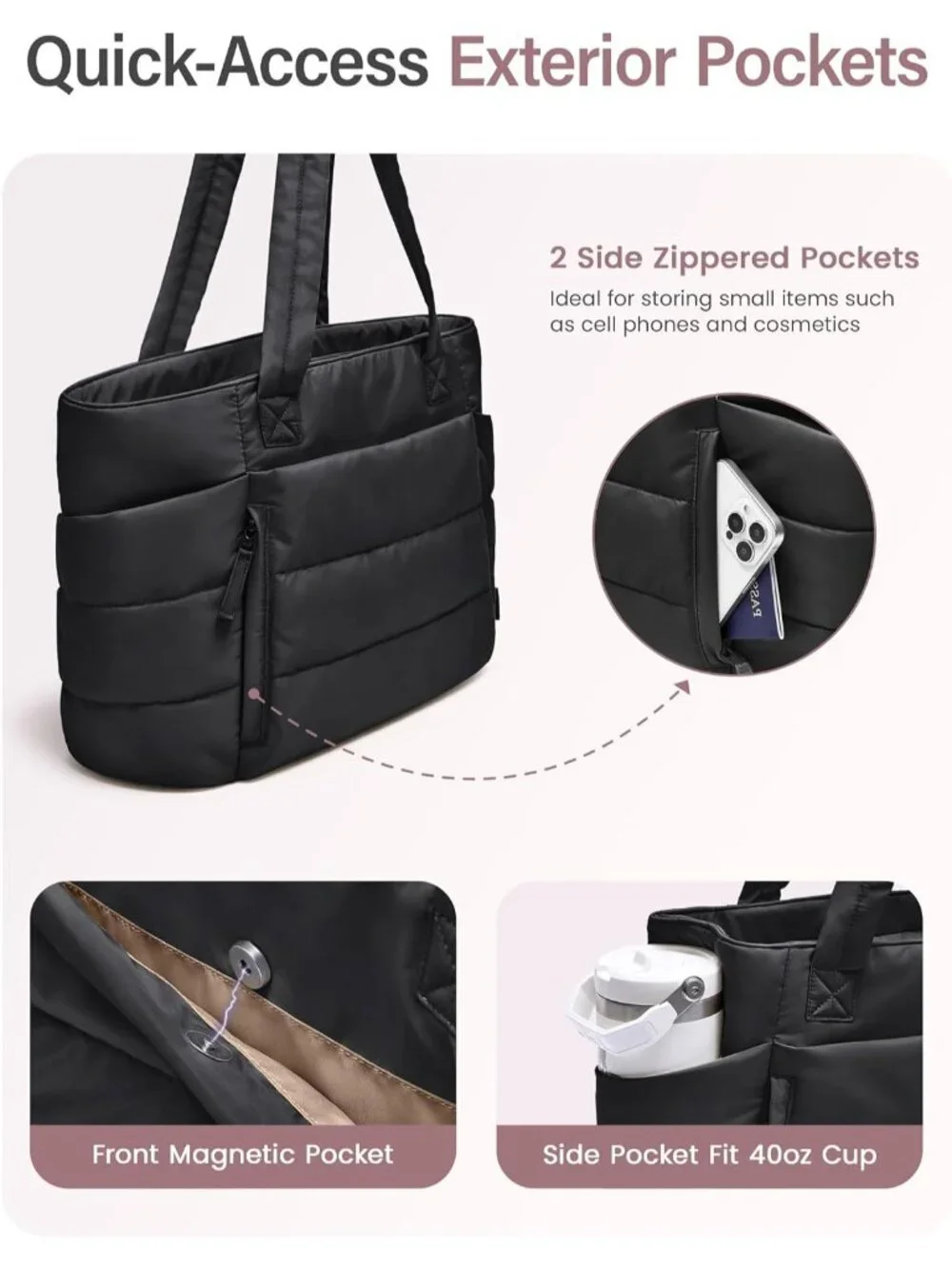 👜Women's Black Quilted Puffer Tote Bag Zipper Work Bag With Compartments